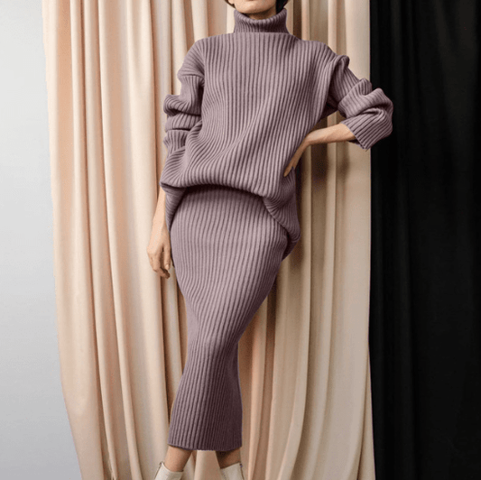 One size pit stripe skirt high neck sweater set for women loose fitting warm pullover sweater two-piece set