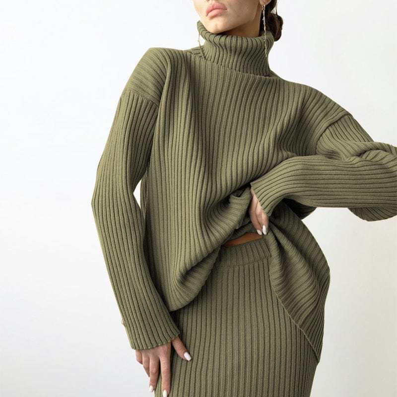 One size pit stripe skirt high neck sweater set for women loose fitting warm pullover sweater two-piece set
