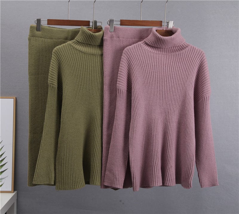 One size pit stripe skirt high neck sweater set for women loose fitting warm pullover sweater two-piece set