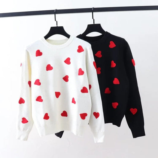 One size  Red Heart Embroidered Round Neck Long Sleeve Knitted Shirt for Women's Outerwear and Underlay Sweater
