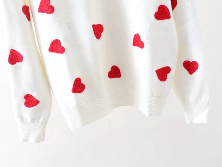 One size  Red Heart Embroidered Round Neck Long Sleeve Knitted Shirt for Women's Outerwear and Underlay Sweater