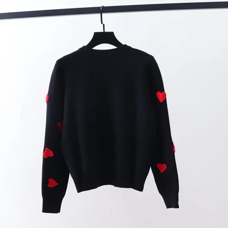 One size  Red Heart Embroidered Round Neck Long Sleeve Knitted Shirt for Women's Outerwear and Underlay Sweater