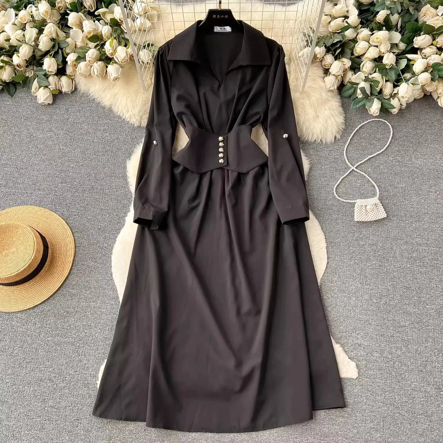 One size  Retro style high-end dress Polo collar long sleeved waist cinched A-line large hem shirt dress