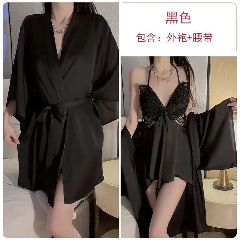 One size sexy ice silk Floral pajamas Add a chest pad to gather a bow shaped nightgown Outer robe and home clothing