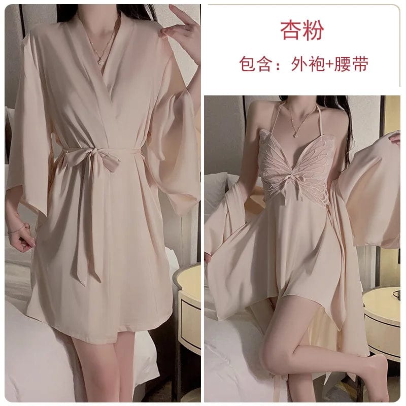 One size sexy ice silk Floral pajamas Add a chest pad to gather a bow shaped nightgown Outer robe and home clothing