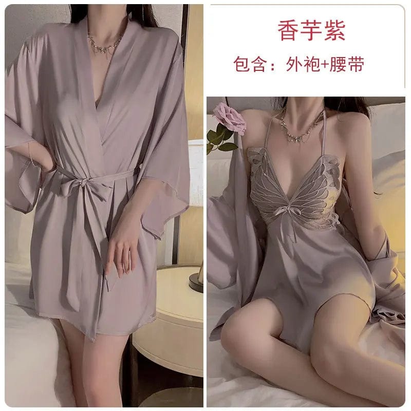 One size sexy ice silk Floral pajamas Add a chest pad to gather a bow shaped nightgown Outer robe and home clothing