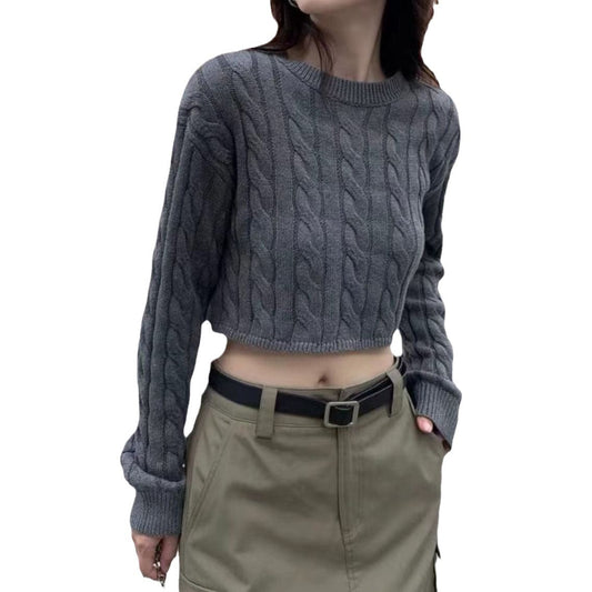 One Size Short Fried Dough Twists Sweater Wear New High Waist Round Neck Pullover Slouchy Long Sleeve Striped  Top