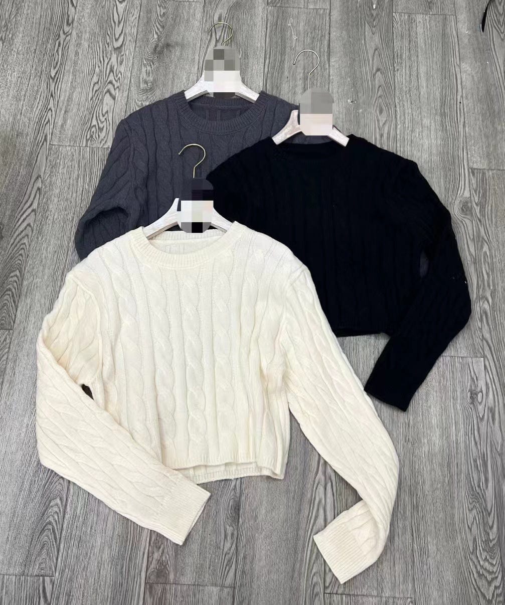 One Size Short Fried Dough Twists Sweater Wear New High Waist Round Neck Pullover Slouchy Long Sleeve Striped  Top