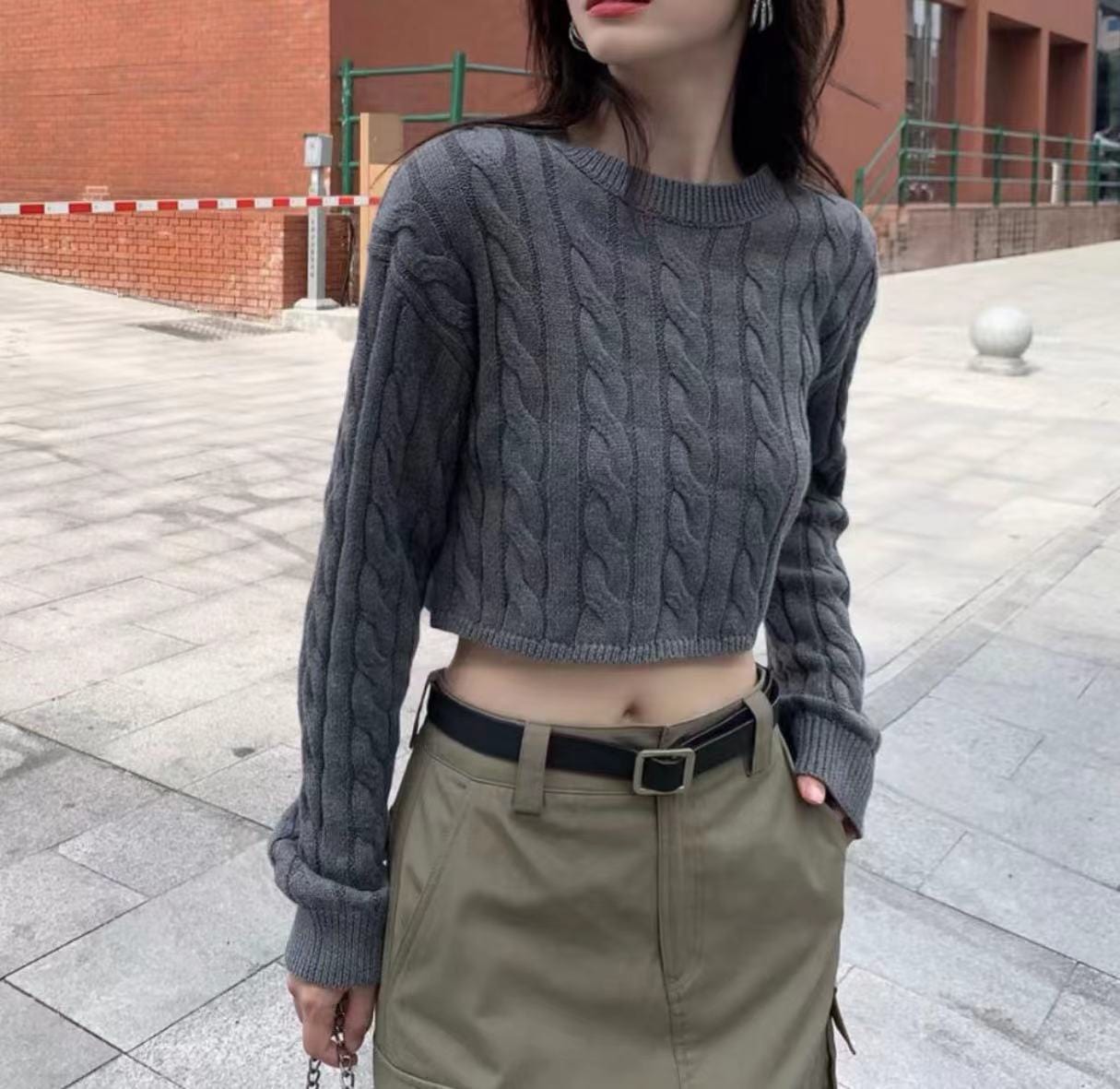 One Size Short Fried Dough Twists Sweater Wear New High Waist Round Neck Pullover Slouchy Long Sleeve Striped  Top