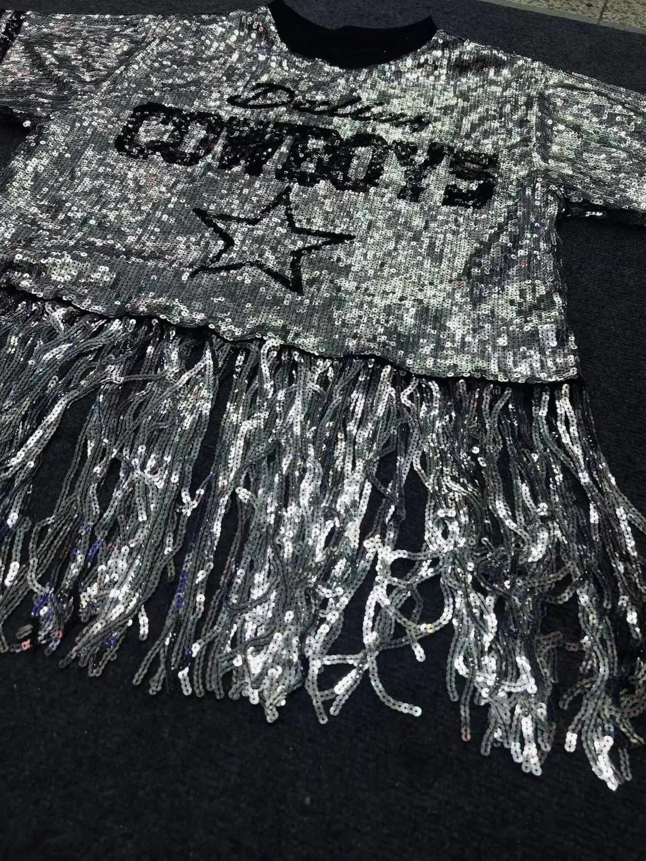 one size / silver new design  nfl Style  Party fringe t shirts Sequin Dallas Cowboys fashion crop top Women tassels sequins short top