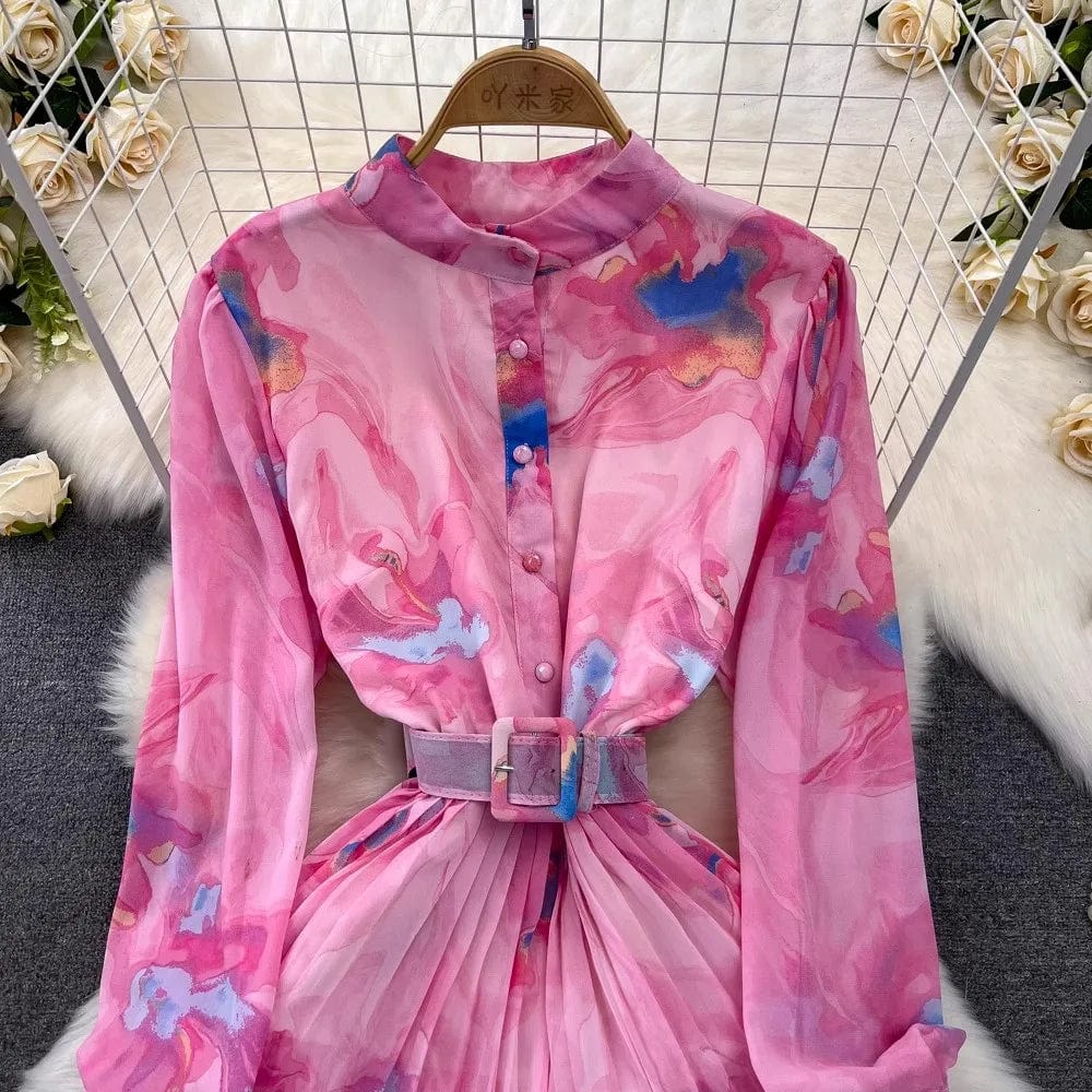 One size  Spring and Autumn Long sleeved Standing Neck Waist Collection A-line Printed Dress Ruffle edge cake chiffon dress