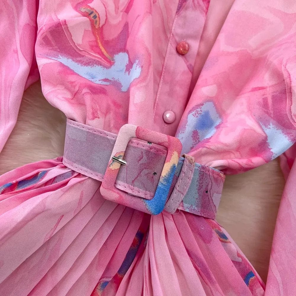 One size  Spring and Autumn Long sleeved Standing Neck Waist Collection A-line Printed Dress Ruffle edge cake chiffon dress