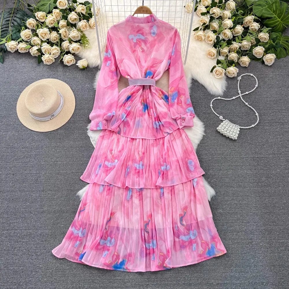 One size  Spring and Autumn Long sleeved Standing Neck Waist Collection A-line Printed Dress Ruffle edge cake chiffon dress