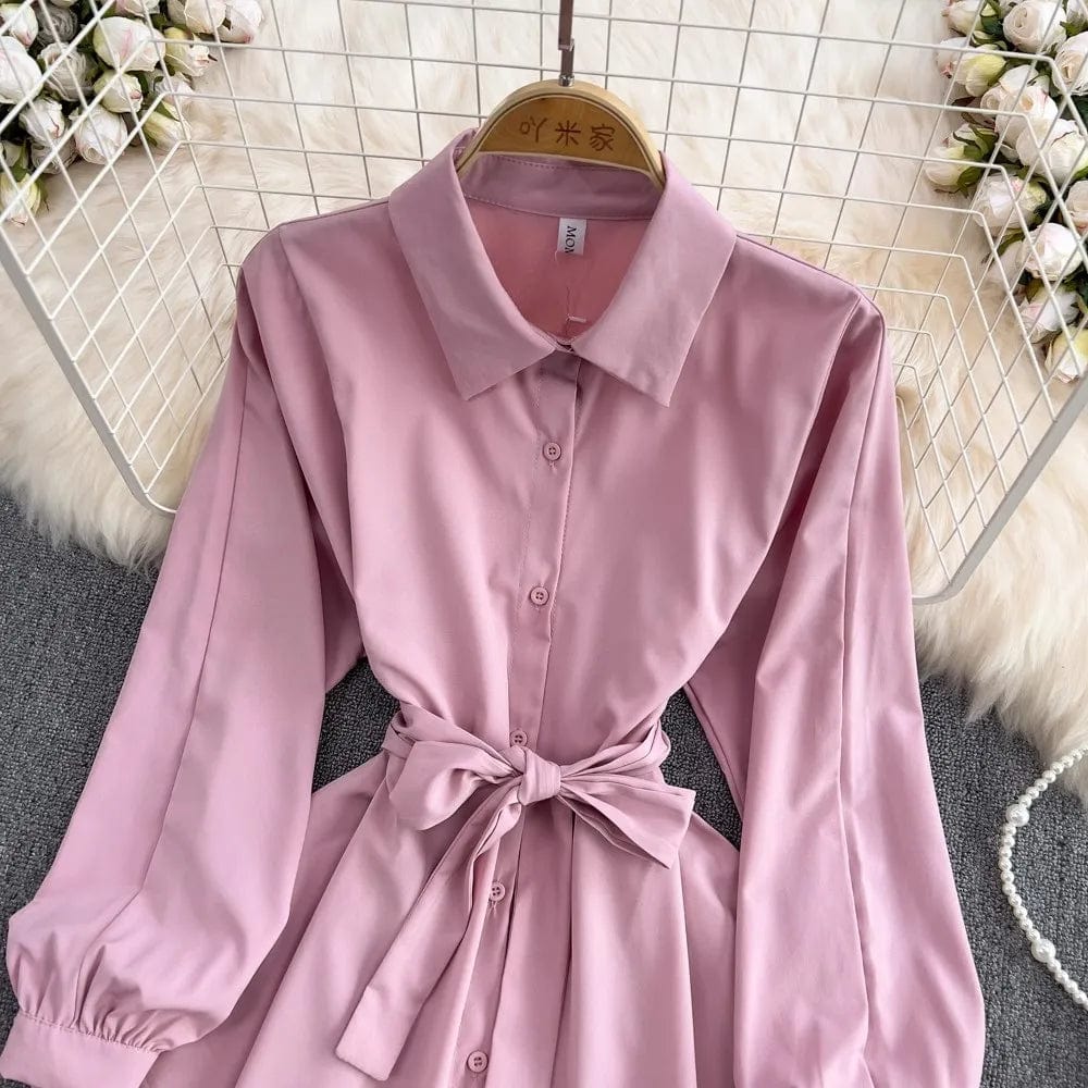 One size  Spring new mid length collection waist shirt retro lapel long sleeved top