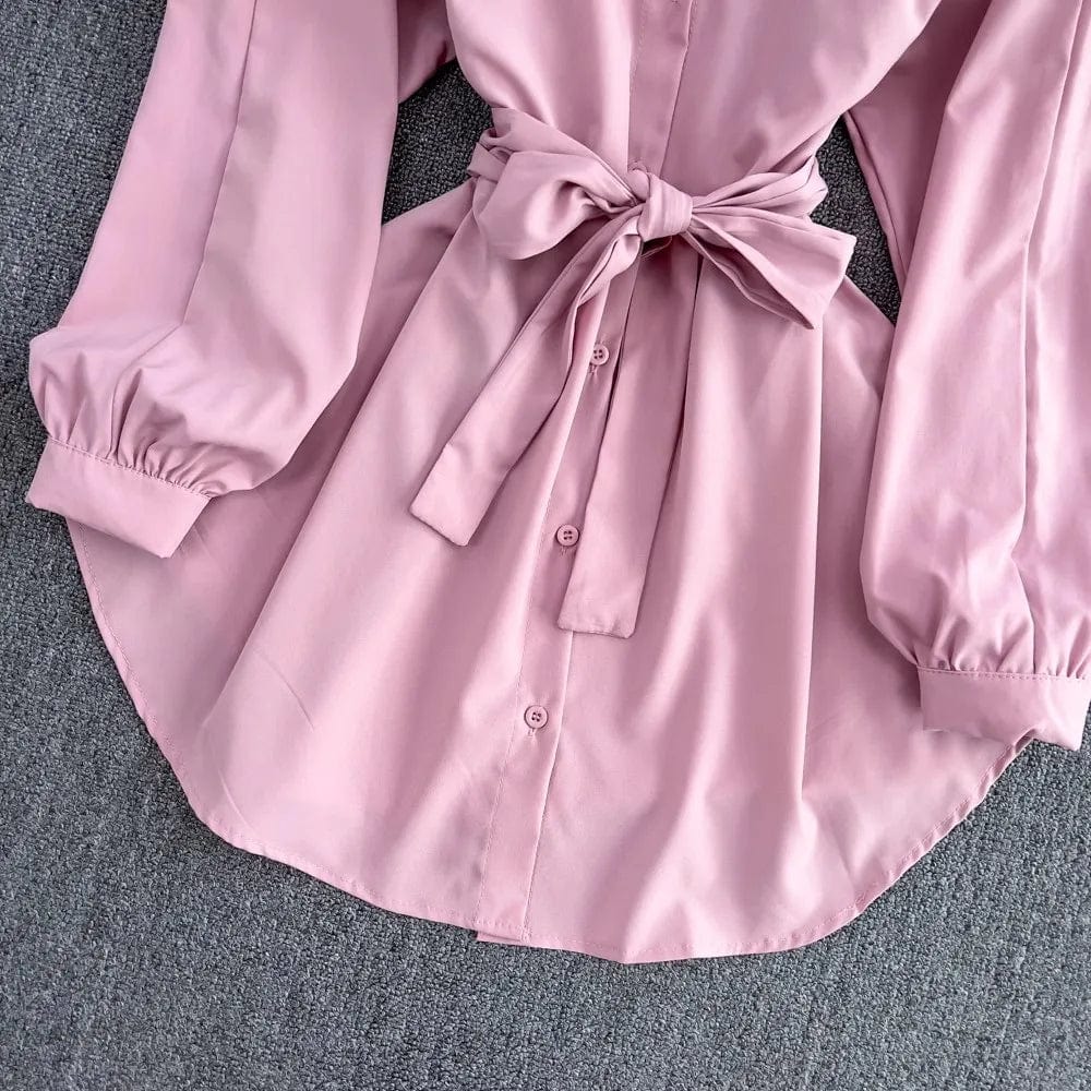 One size  Spring new mid length collection waist shirt retro lapel long sleeved top