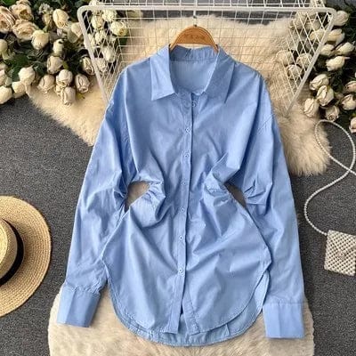 One size  Spring retro waistband design medium length long sleeved shirt Solid color top with a lapel shirt