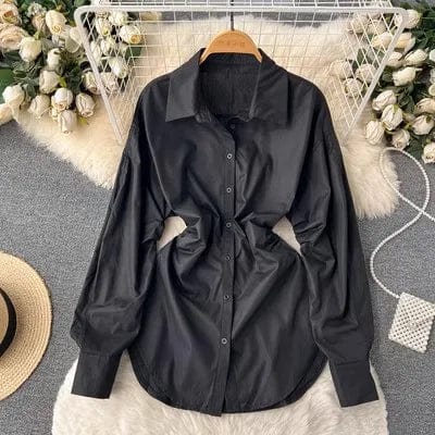 One size  Spring retro waistband design medium length long sleeved shirt Solid color top with a lapel shirt