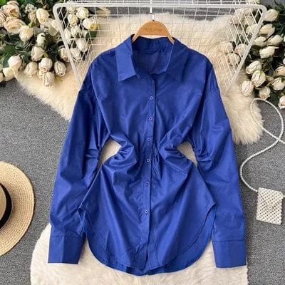 One size  Spring retro waistband design medium length long sleeved shirt Solid color top with a lapel shirt