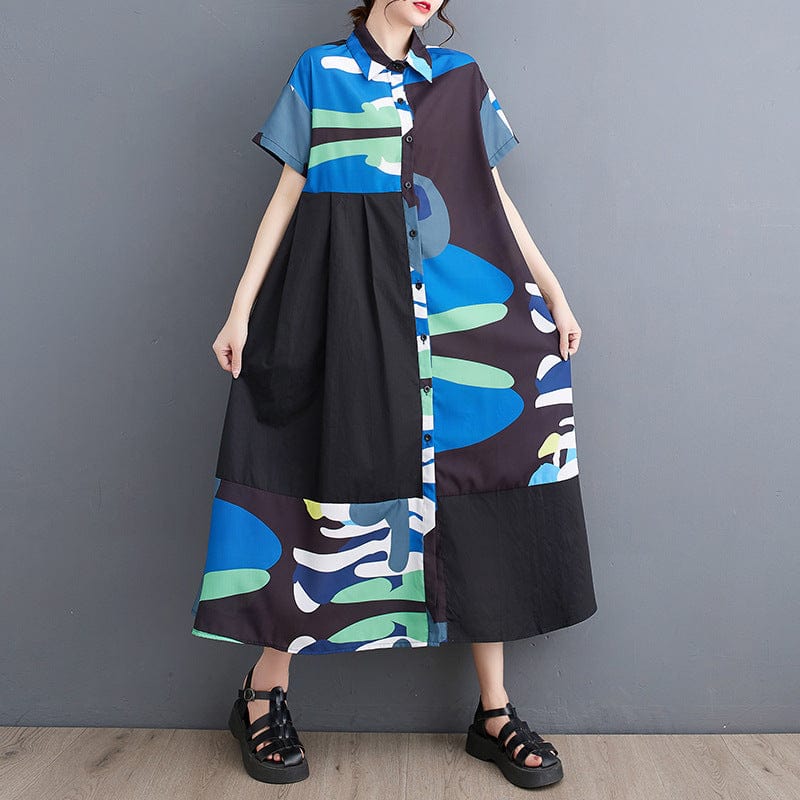 One size Spring/Summer New Loose Large Print Medium Long Art Retro Short Sleeve Shirt Dress