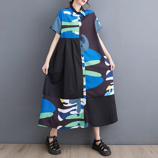 One size Spring/Summer New Loose Large Print Medium Long Art Retro Short Sleeve Shirt Dress