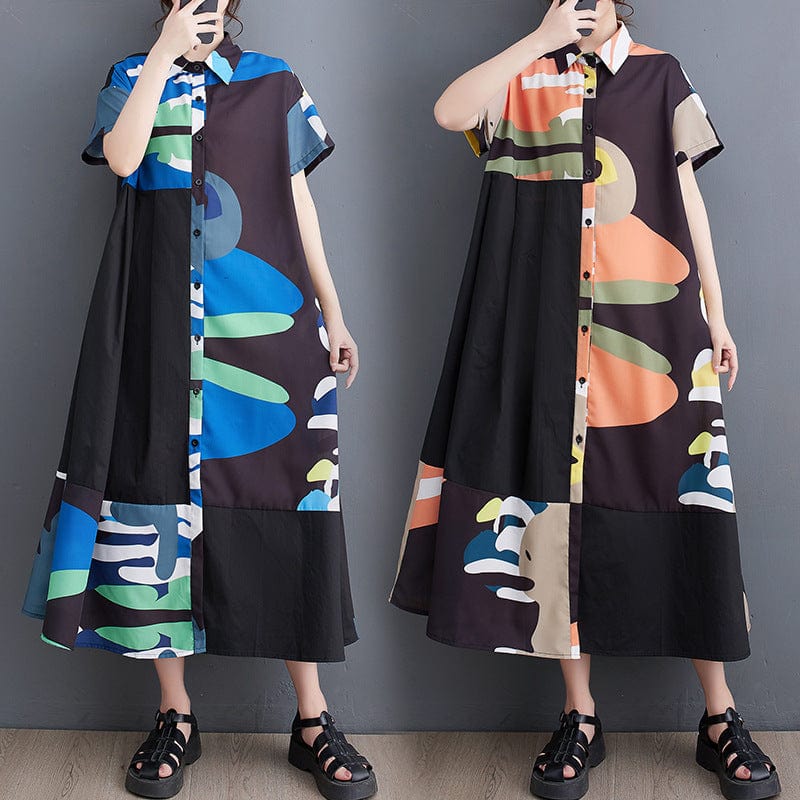 One size Spring/Summer New Loose Large Print Medium Long Art Retro Short Sleeve Shirt Dress