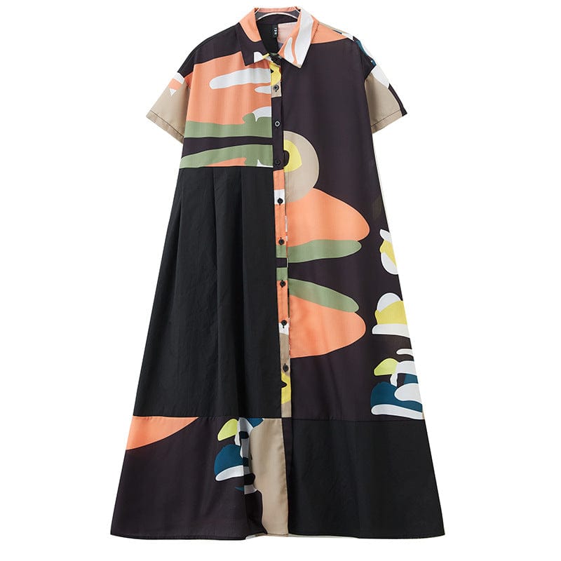 One size Spring/Summer New Loose Large Print Medium Long Art Retro Short Sleeve Shirt Dress