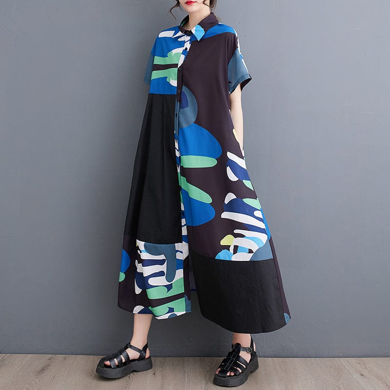 One size Spring/Summer New Loose Large Print Medium Long Art Retro Short Sleeve Shirt Dress