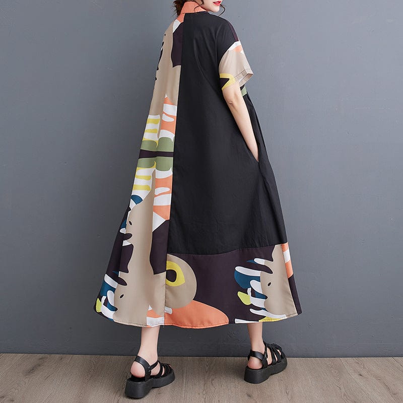 One size Spring/Summer New Loose Large Print Medium Long Art Retro Short Sleeve Shirt Dress