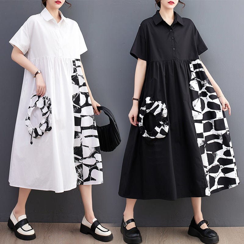 One size  Summer New Art Print Splice Fashion Casual Shirt Skirt Dress