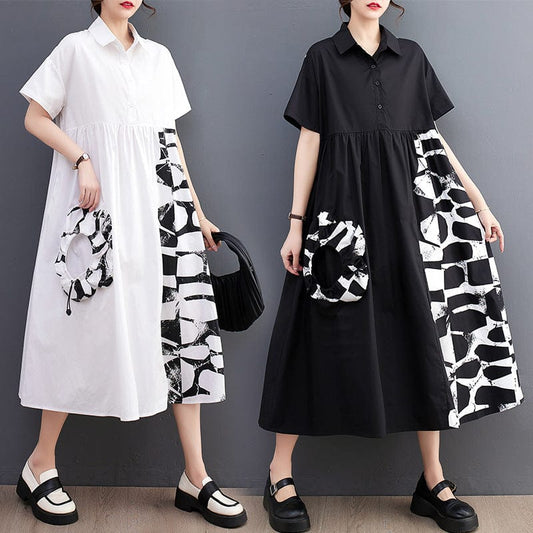 One size  Summer New Art Print Splice Fashion Casual Shirt Skirt Dress