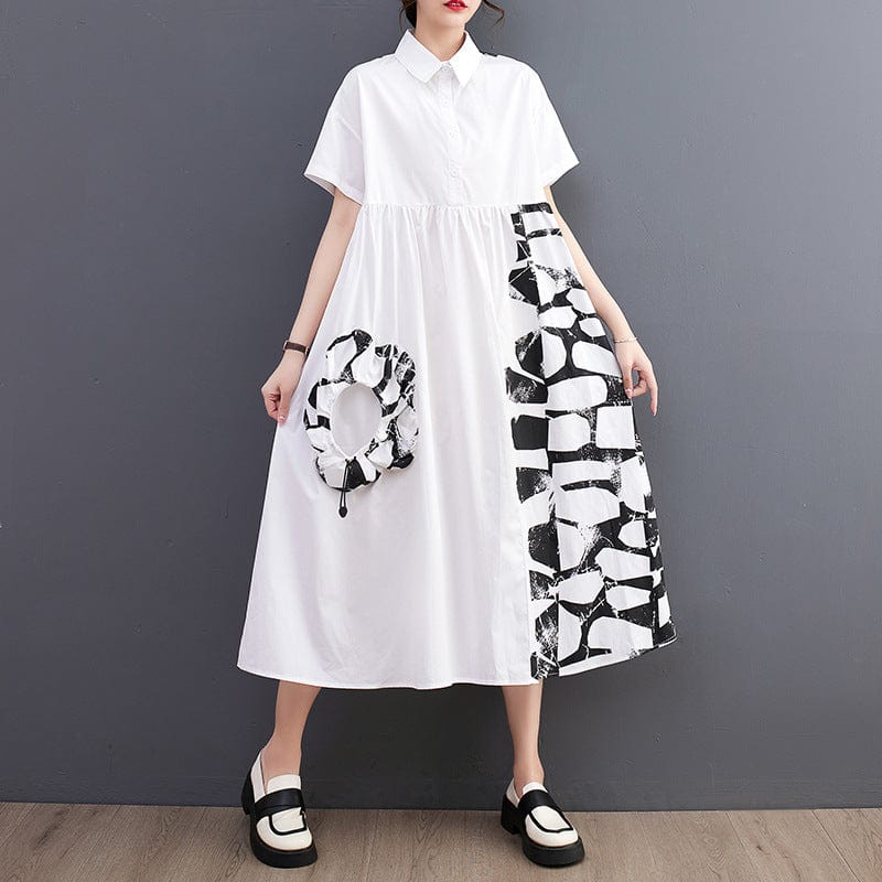 One size  Summer New Art Print Splice Fashion Casual Shirt Skirt Dress