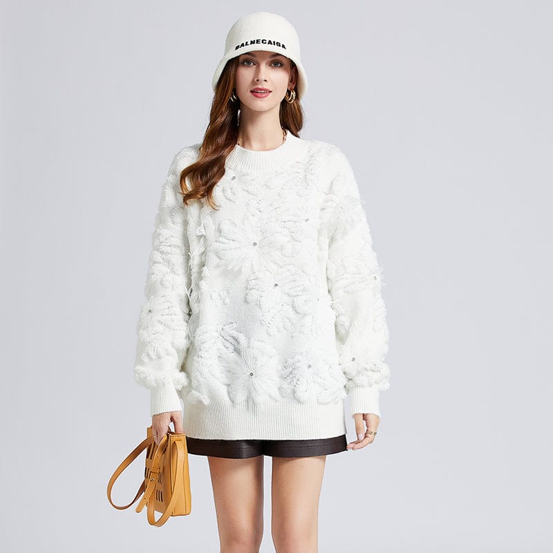 one size / White Autumn and winter age reduction foreign style snowflake embroidery nail bead lazy wind sweater snow velvet jacket OS5333083