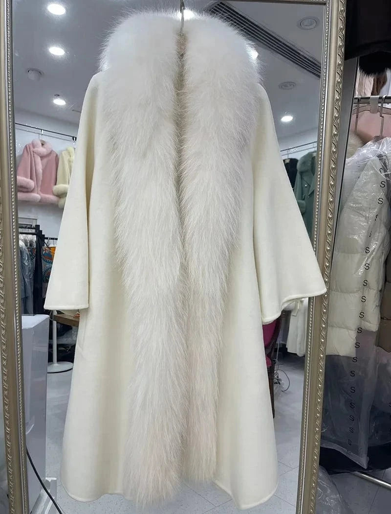One Size / White Luxury Double Sided Belted Wool Coat Women Real Fox Fur Collar Cashmere Trench Coats