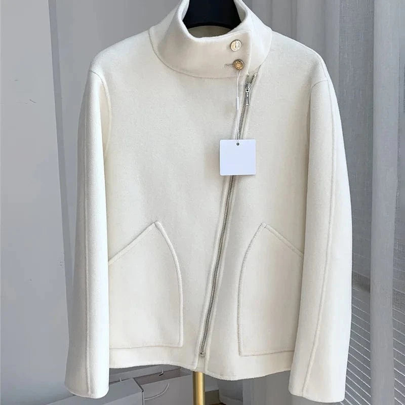 ONE SIZE / White New Design Ladies Solid Color Cashmere Coat Streetwear Stand Collar Women Wool Coats