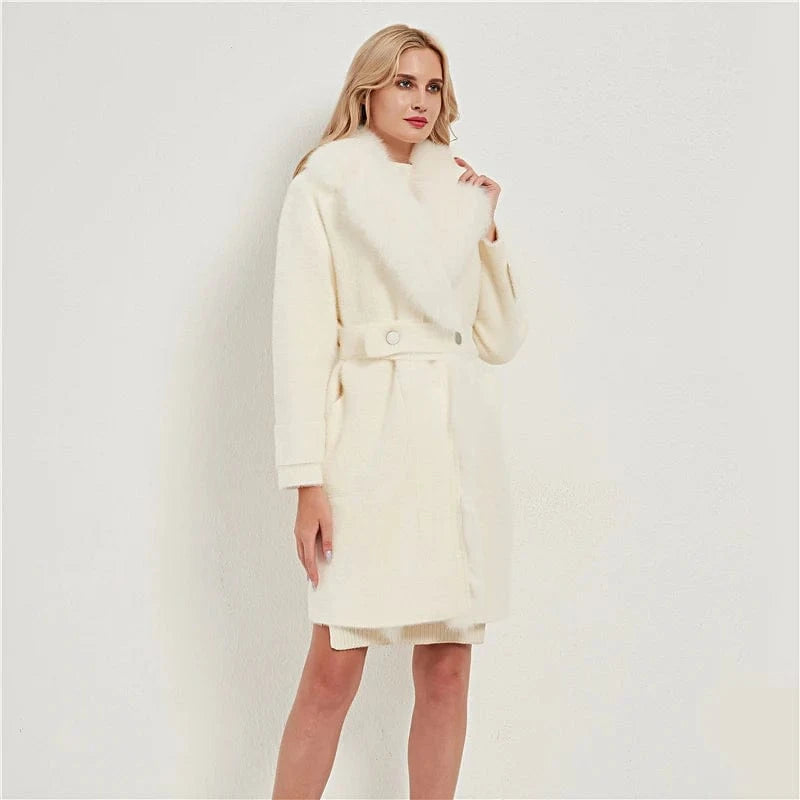 ONE SIZE / White Pudi women real fox fur coat jacket female lady winter warm fox collar long nylon trench parka CT041