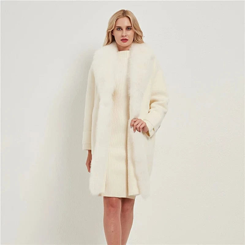 ONE SIZE / White Pudi women real fox fur coat jacket female lady winter warm fox collar long nylon trench parka CT041