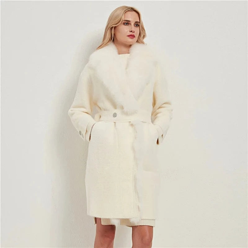 ONE SIZE / White Pudi women real fox fur coat jacket female lady winter warm fox collar long nylon trench parka CT041