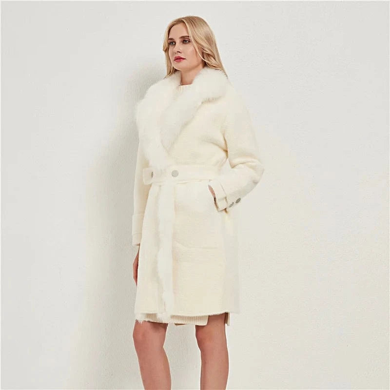 ONE SIZE / White Pudi women real fox fur coat jacket female lady winter warm fox collar long nylon trench parka CT041