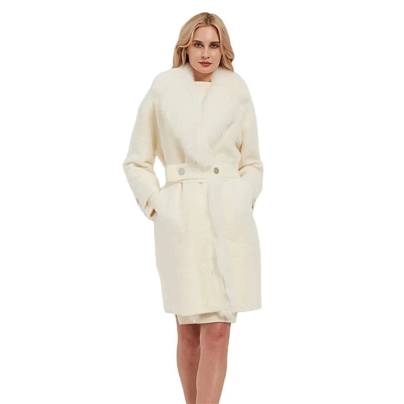 ONE SIZE / White Pudi women real fox fur coat jacket female lady winter warm fox collar long nylon trench parka CT041
