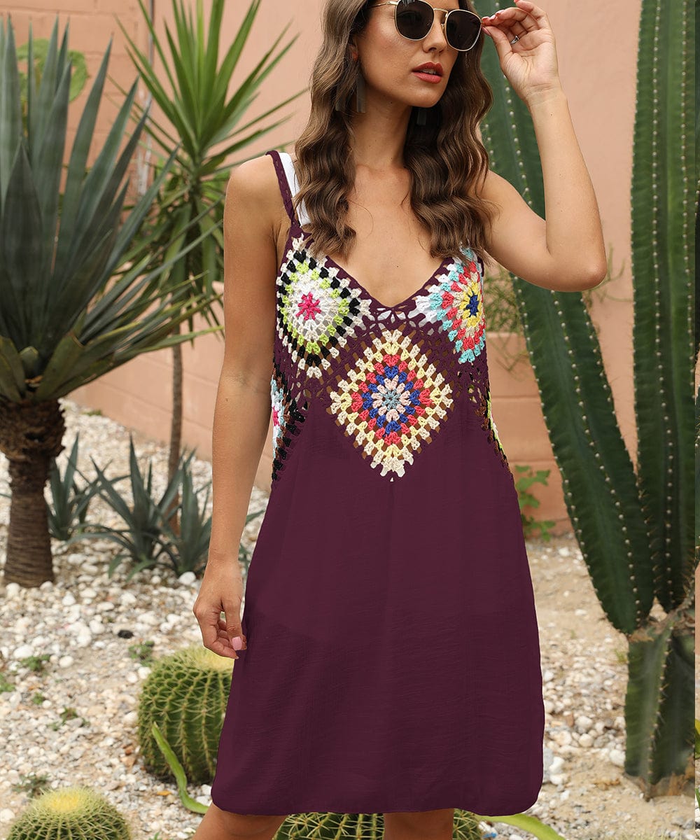 one size / wine red Factory Women Summer Hand Crochet Hollow Out Beachwear Slip Beach Dress Cover up