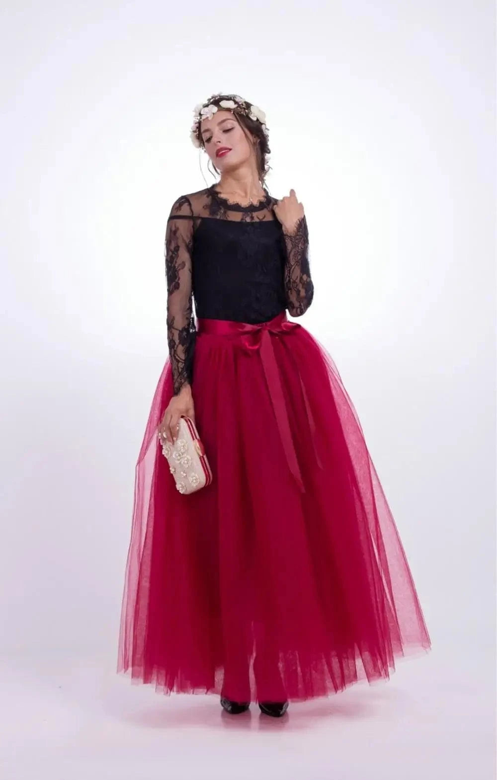 one size / wine YSMARKET 100% Real Photos 7 Layers 100cm Maxi Long Skirts Sexy Adult Handmade Tulle Fashion Wedding Skirt For Women E5340