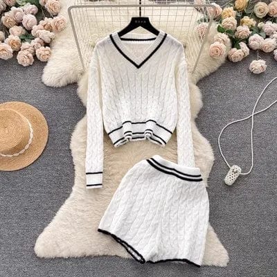 One size  Women's autumn and winter casual loose set Pullover Knitted Sweater High Waist Shorts Two Piece Set