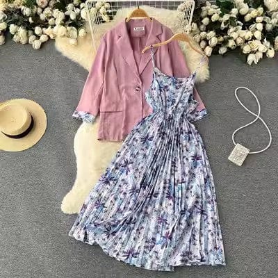 One size women's two-piece summer long sleeved Blazer waist closing floral suspender dress suit