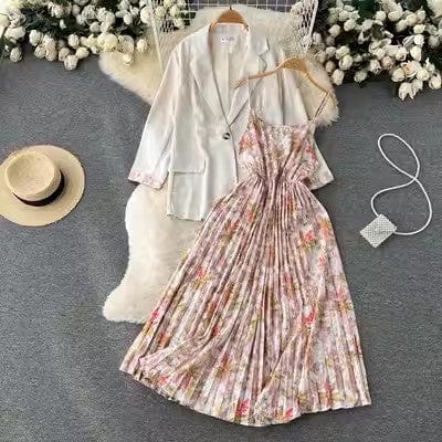 One size women's two-piece summer long sleeved Blazer waist closing floral suspender dress suit