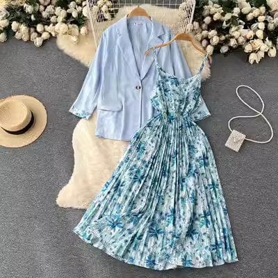 One size women's two-piece summer long sleeved Blazer waist closing floral suspender dress suit