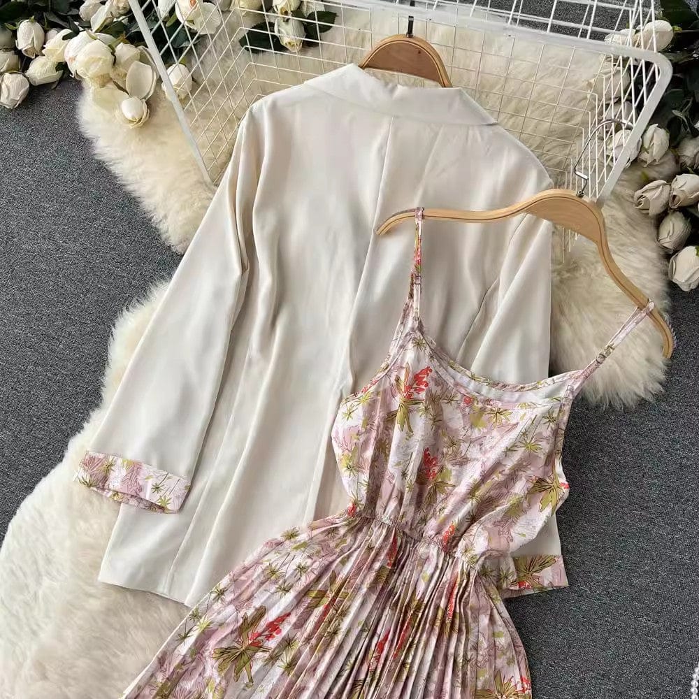 One size women's two-piece summer long sleeved Blazer waist closing floral suspender dress suit