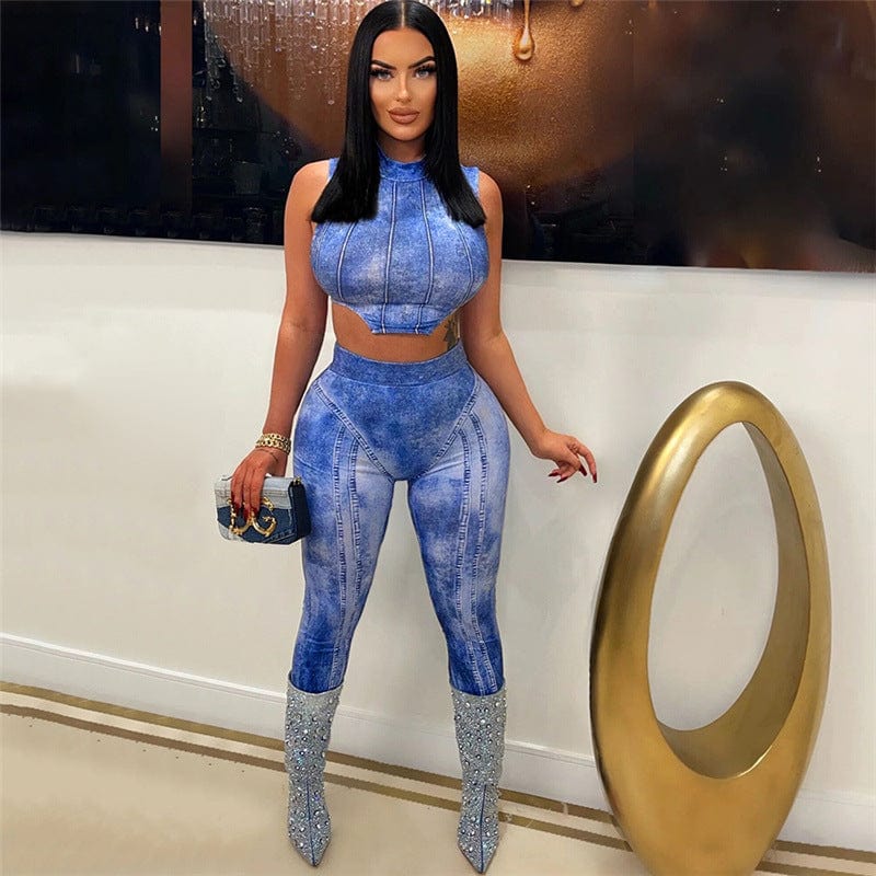 Online shopping summer outfits sleeveless lounge wear digital print 2 piece set women