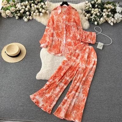 Ons size Spring/Summer Loose Pleated Shirt+Bra+Draping High Waist Pants Pure Desire Fashion Women's Set