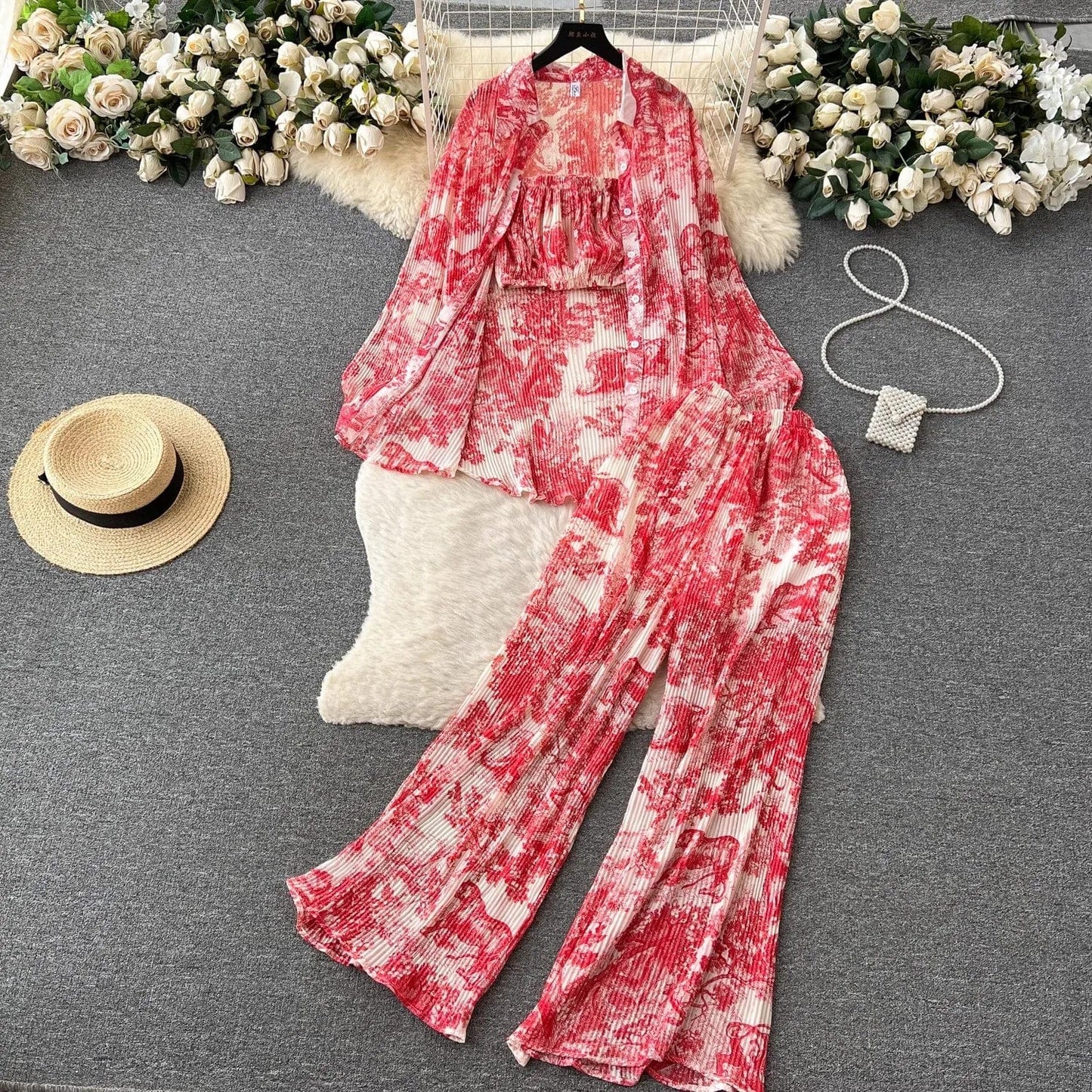 Ons size Spring/Summer Loose Pleated Shirt+Bra+Draping High Waist Pants Pure Desire Fashion Women's Set