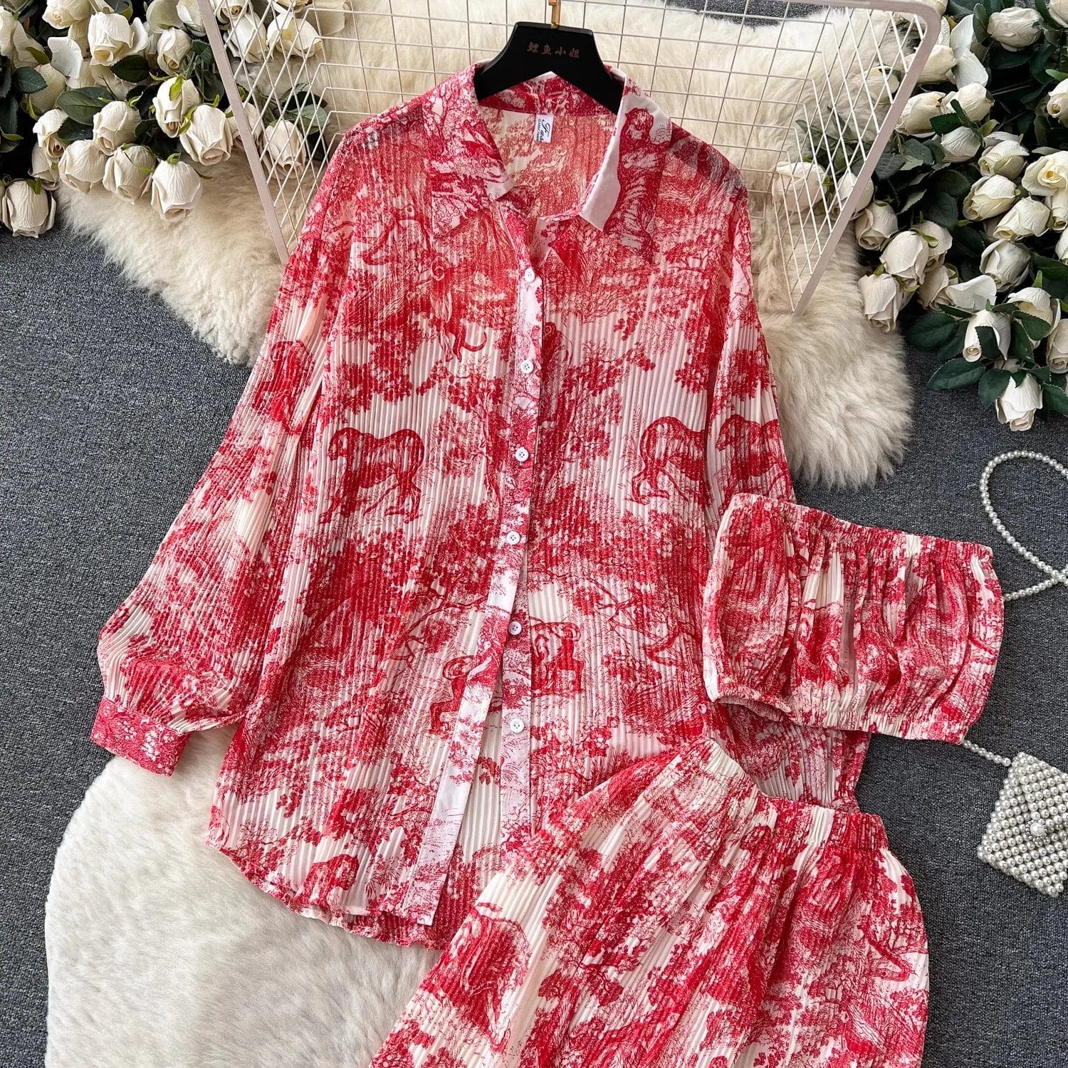 Ons size Spring/Summer Loose Pleated Shirt+Bra+Draping High Waist Pants Pure Desire Fashion Women's Set